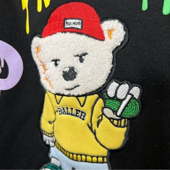 BLEEKER & MERCER ONLY CASH BEAR BLACK PATCHED CREWNECK FLEECE SWEATSHIRT XXL - Picture 7 of 11